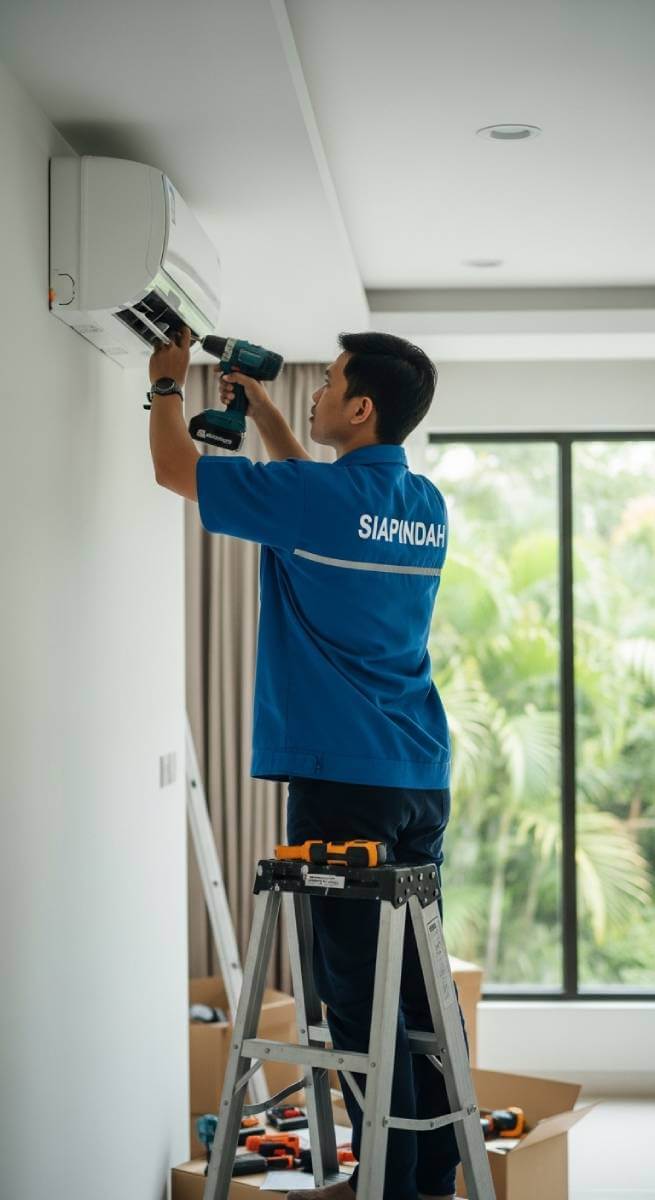 petugas siapindah masang AC di ruangan living room